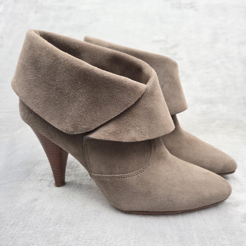 Via Spiga Suri Taupe Suede Foldover Stiletto Heeled Booties Women's Size 6.5